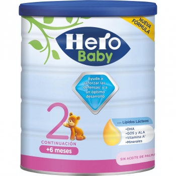 Leche infantil de continuación 2 desde 6 meses en polvo Hero Baby sin aceite de palma 800 g.