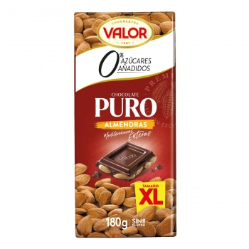 Chocolate puro con almendras mediterráneas enteras XL con stevia sin azúcar añadido Valor sin gluten 180 g.