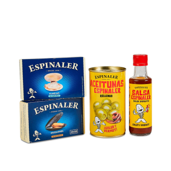 Pack aperitivo: Almejas al natural 63 g + mejillones escabeche 69 g + aceitunas anchoa 150 g + salsa 20 ml Espinaler.