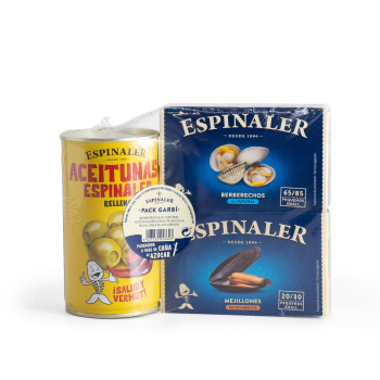 Pack de berberechos, mejillones y aceitunas Espinaler 282 g.