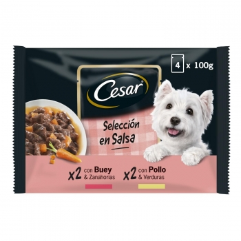 Comida húmeda selección carnes mixtas en salsa para perro Cesar pack de 4 unidades de 100 g.