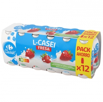 L.Casei líquido sabor fresa Carrefour Classic' pack de 12 unidades de 100 g.