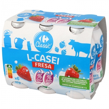 L.Casei líquido desnatado con fresa sin azúcar añadido Carrefour Classic' pack de 6 unidades de 100 g.