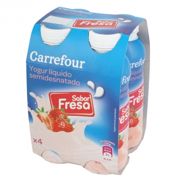 Yogur líquido semidesnatado de fresa Carrefour pack de 4 unidades de 200 ml.