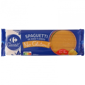 Pasta espaguetis de maíz y arroz Classic Carrefour No Gluten sin gluten 500 g.