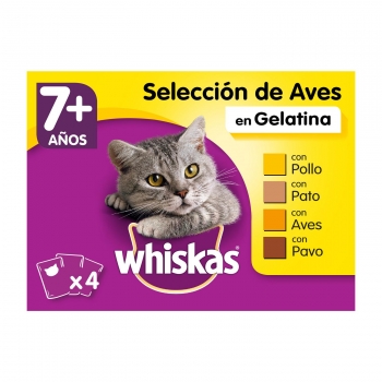 Comida húmeda selección aves en gelatina para gatos senior Whiskas pack de 4 unidades de 100 g.