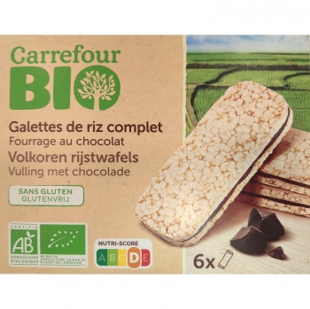 Galletas de Arroz Inflado Rellenas de Chocolate con Avellanas Ecológicas Carrefour Bio sin gluten 120 g.