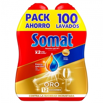 Gel para lavavajillas Oro frescor anti-olor con vinagre Somat pack de 2 unidades de 50 lavados.