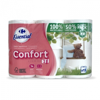 Papel higiénico 2 capas Confort Carrefour 12 rollos.