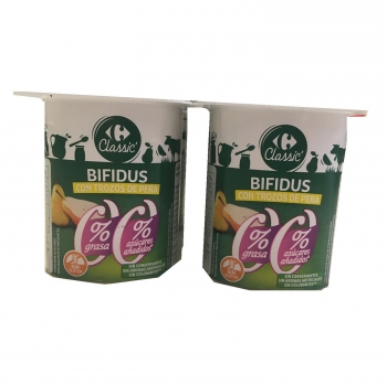 Bífidus desnatado con trozos de pera sin azúcar añadido Carrefour pack de 4 unidades de 125 g.