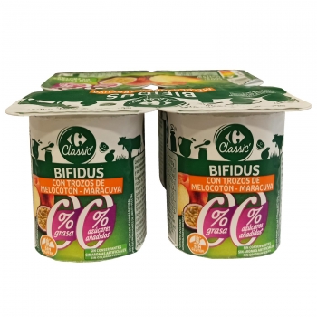 Bífidus desnatado con trozos de melocotón y  maracuyá sin azúcar añadido Carrefour pack de 4 unidades de 125 g.