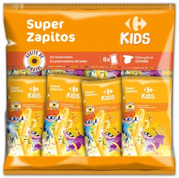 Aperitivo de maíz Super Zapitos Carrefour Kids sin gluten pack de 8 unidades de 6 g.