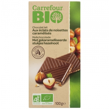 Chocolate con leche con avellanas caramelizadas ecológico Carrefour Bio 100 g.