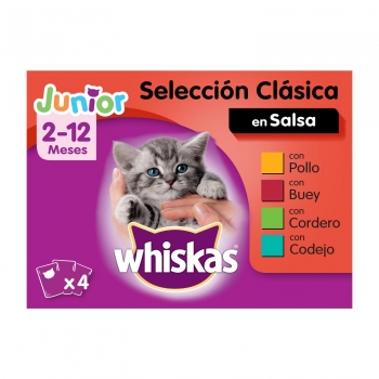 Comida húmeda selección carnes en gelatina para gatos junior Whiskas pack de 4 unidades de 100 g.