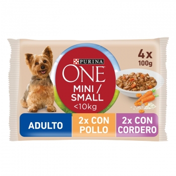 Comida húmeda de pollo y cordero para perro adulto Mini Purina One 4x100 g.