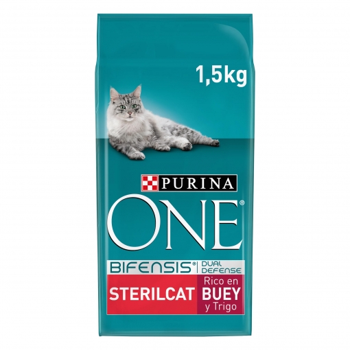 Pienso de buey y trigo para gato adulto esterilizado Purina One 1,5 Kg.