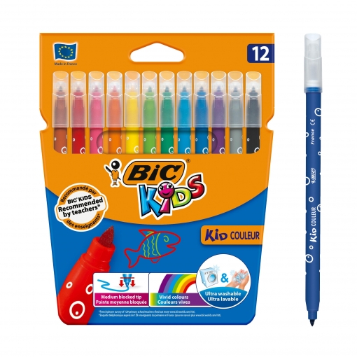 BIC® Kid Couleur Rotuladores de colores, 12 colores - Rotuladores de punta  de fibra Kalamazoo