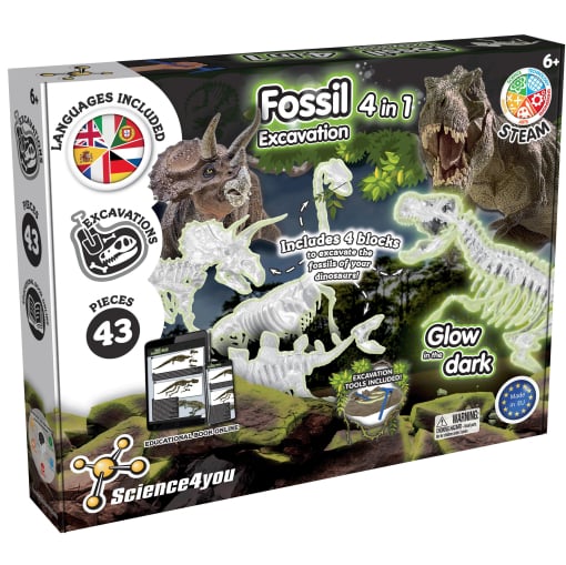 Science4You Excavaciones Fósiles 4 en 1, Brilla en la oscuridad, +