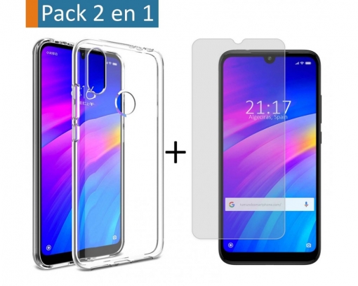 Pack 2 En 1 Funda Gel Transparente + Protector Cristal Templado Xiaomi Redmi 7