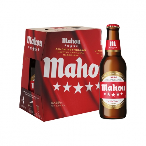 Cerveza Mahou 5 Estrellas especial pack de 6 botellas de 25 cl.