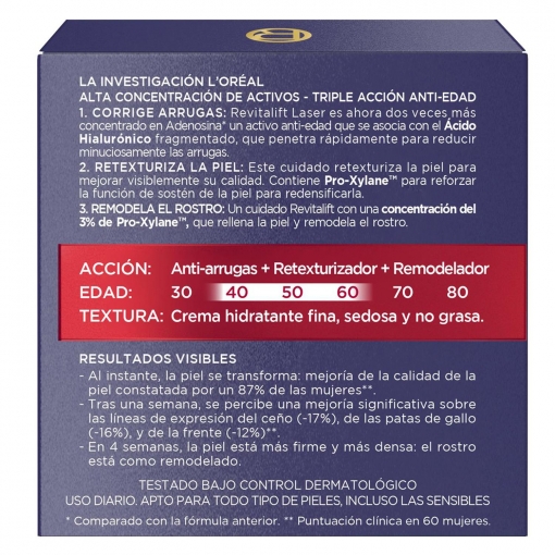 Crema intensiva anti-edad Revitalift Láser X3 L'Oréal-Revitalift 50 ml.