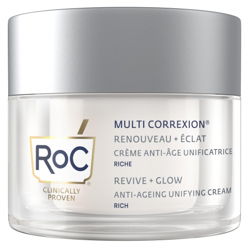 Crema facial antiedad unificadora rica en vitamina C Multi Correxion Revive + Glow Roc 50 ml.