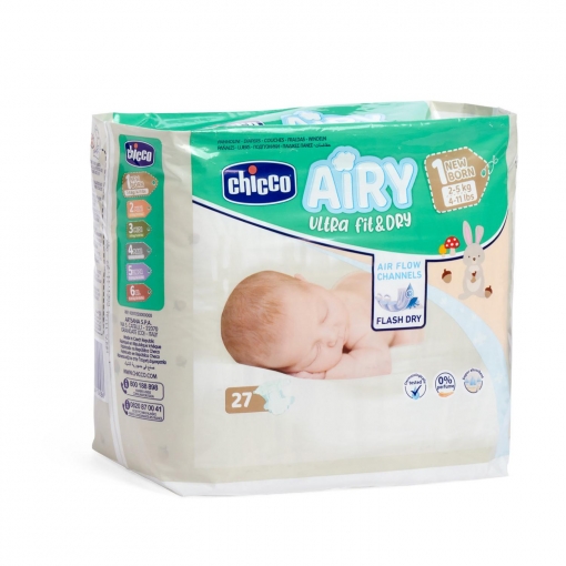 Pañales ultra absorbentes Chicco Airy Newborn T1 (2-5 kg) 27 ud.