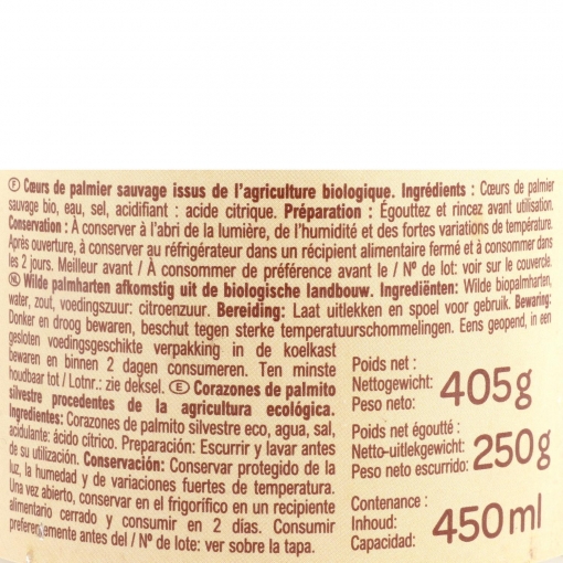 Corazones de palmitos ecológicos Carrefour Bio 250 g.