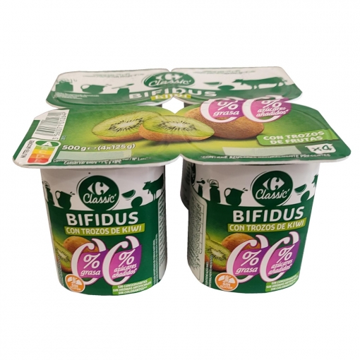 Bífidus desnatado con trozos de kiwi sin azúcar añadido Carrefour pack de 4 unidades de 125 g.