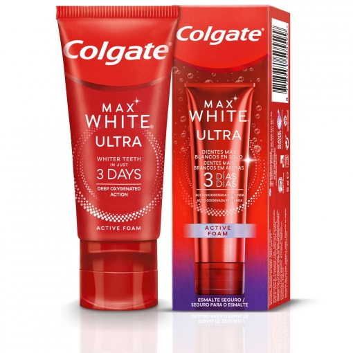 Dentífrico blanqueador dientes blancos Max White Ultra Active Foam Colgate 50 ml.