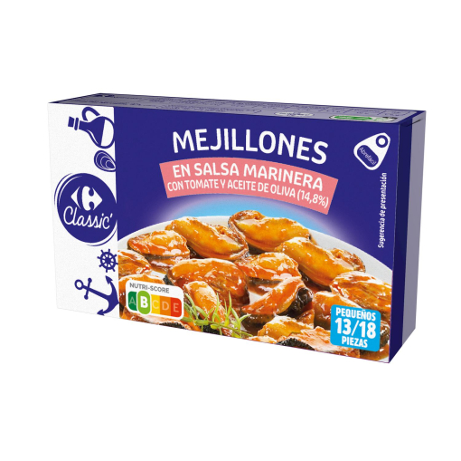 Mejillones en salsa marinera con tomate y aceite de oliva Classic Carrefour 69 g.