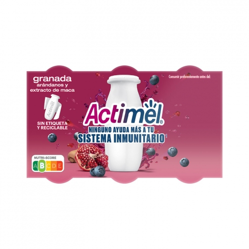 L.Casei líquido sabor granada, arándanos y extracto de maca Danone - Actimel pack de 6 unidades de 100 g.