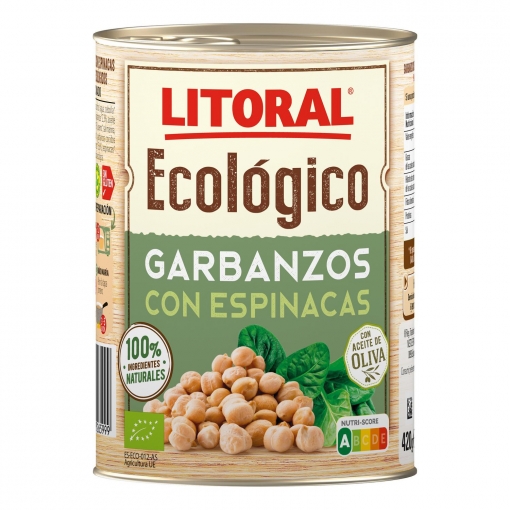 Garbanzos con espinacas ecológicos Litoral sin gluten 420 g.