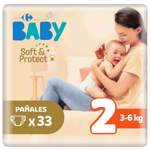 Pañales Carrefour Baby soft&protect Talla 2 (3-6 kg) 33 ud.