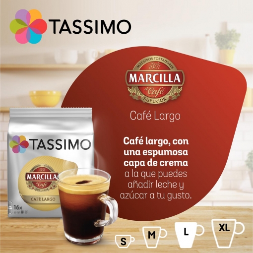 Café largo en cápsulas Marcilla Tassimo 16 unidades de 8,3 g.