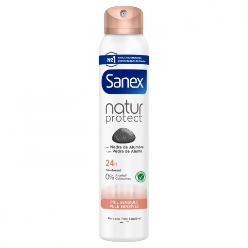 Desodorante en spray piel sensible 24h con piedra de alumbre Natur Protect Sanex 200 ml.