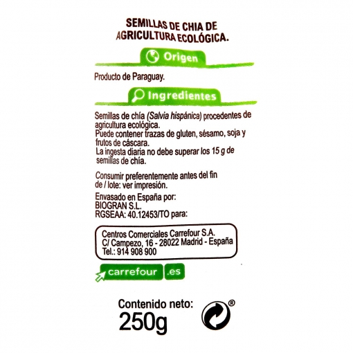 Semillas de chía ecológicas Carrefour Bio 250 g.