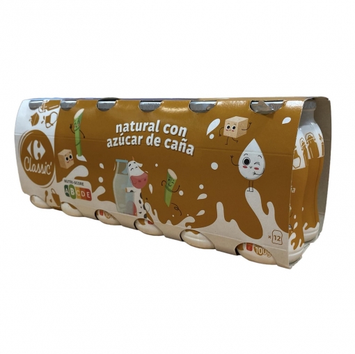 Yogur liquido natural con azúcar de caña Carrefour Classic´ pack de 12 unidades de 100 g.