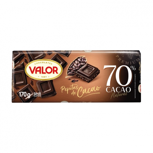 Chocolate negro 70% con pepitas de cacao Valor sin gluten 170 g.