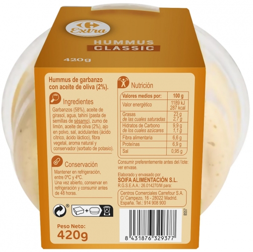 Hummus classic Carrefour Extra sin gluten 420 g.