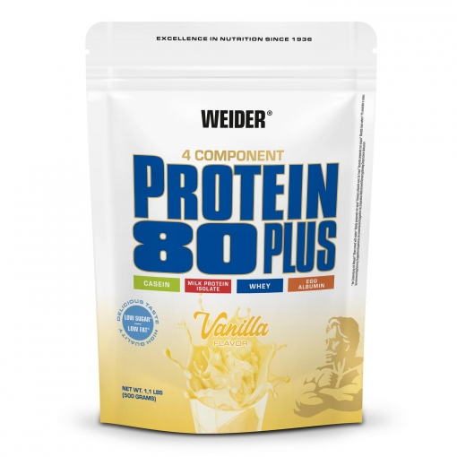 Proteína en polvo sabor vainilla 80 Plus Weider doy pack 500 g.