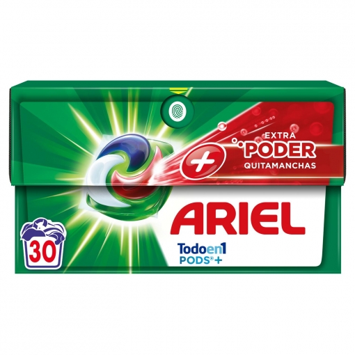Detergente en cápsulas Todo En Uno Pods + poder extra quitamanchas Ariel 30 lavados.