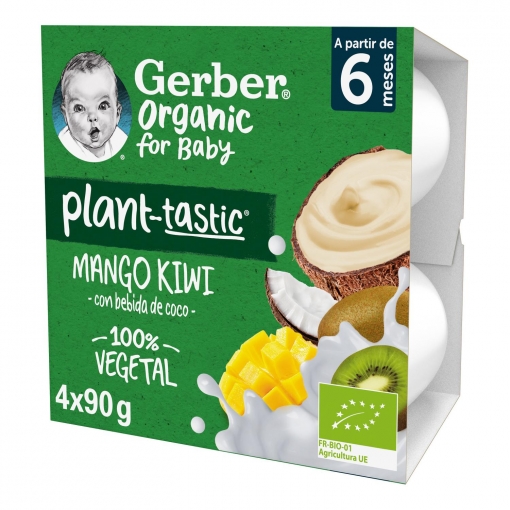 Postre infantil de mango y kiwi con coco desde 6 meses ecológico Gerber pack de 4 unidades de 90 g.