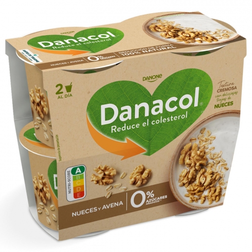 Leche fermentada nueces y avena sin azúcar añadido Danone Danacol pack de 4 unidades de 120 g.