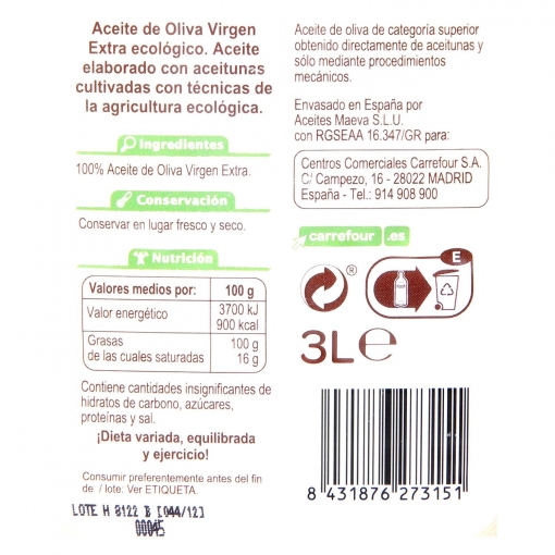 Aceite de oliva virgen extra ecológico Carrefour Bio 3 l.