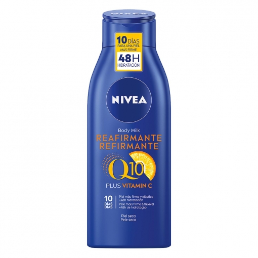 Body milk reafirmante con vitamina C para piel seca Nivea Q10 400 ml.