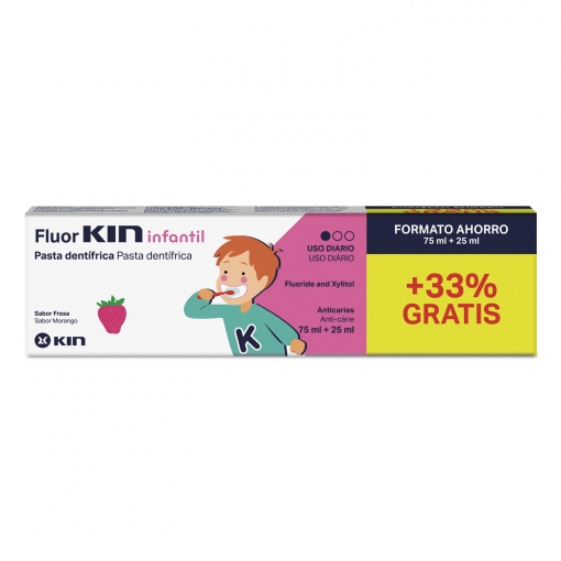 Dentífrico uso diario anticaries sabor fresa Infantil Fluor Kin 75 ml.