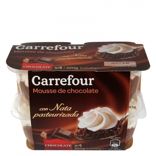 Copa mousse de chocolate con nata pasteurizada Carrefour pack de 4 unidades de 80 g.