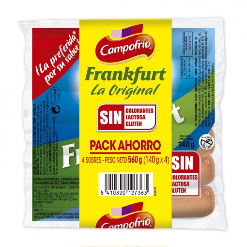Salchichas Frankfurt Campofrío sin gluten sin lactosa pack de 4 unidades de 140 g.