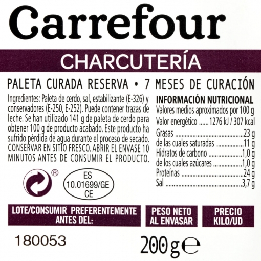 Paleta curada reserva Carrefour taco de 200 g